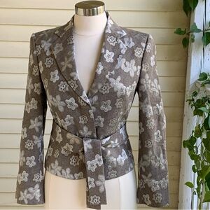Marlowe Womens 40 (US 6) Blazer Jacket Brown Cream Embossed Floral  Belted Italy